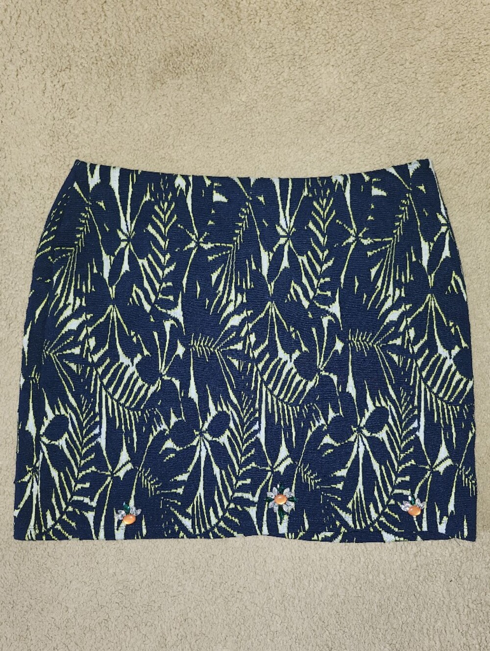 Zara NWT Elastic Waist Navy Blue & Neon Green Leaf Pattern, Mini Skirt, L - Picture 2 of 11